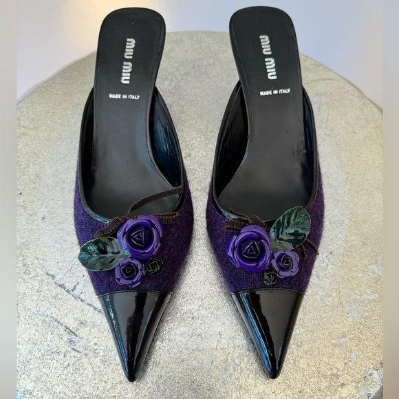 MIU MIU - Purple Rose Tweed Pointed Toe Mules - Picture 5 of 6